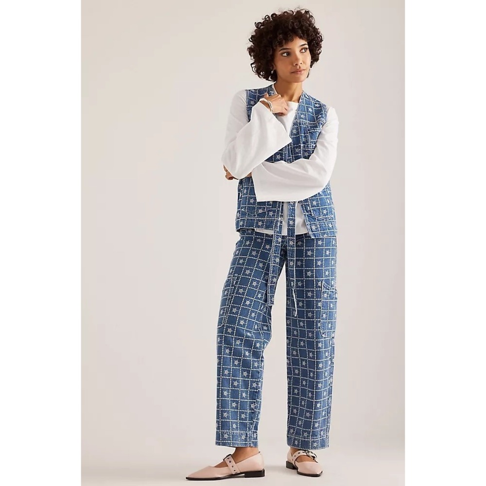 Damson Madder Blue Embroidered Floral Grid Cargo Jeans Wide Leg NWT